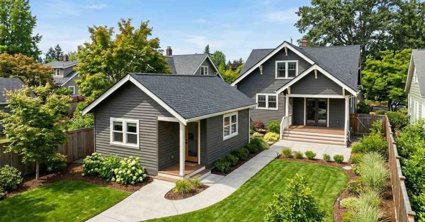 Backyard ADU with gray siding, landscaped lawn, and walkway connecting to the main house.