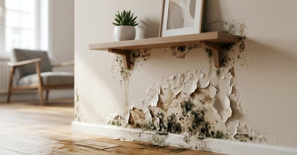 Severe water damage and black mold spreading across a wall, with peeling paint and warped flooring below.