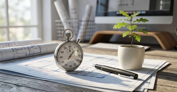 Stopwatch and blueprints on an architect's desk.