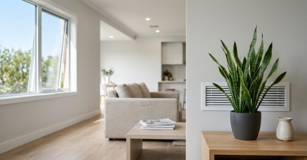 "Modern living room with plant on wooden console and vent, natural light through windows."