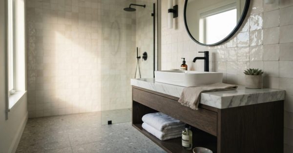 Modern bathroom remodel featuring a floating wood vanity, marble countertop, vessel sink, round mirror, frameless glass shower, and black fixtures.