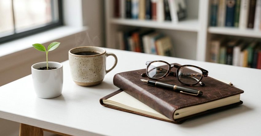 Leather planner, fountain pen, eyeglasses, coffee mug, and a small potted plant on a clean study desk with bookshelves in the background.
