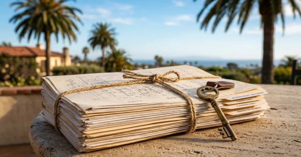 Stack of architectural plans tied with twine and an antique key on a table overlooking a coastal neighborhood, symbolizing permits, approvals, and property development planning.