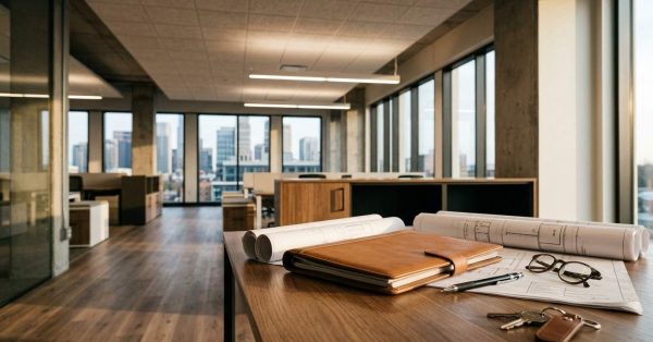 Construction plans, notebook, keys, and glasses on a desk in a modern office space with city views.