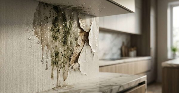 Water-damaged kitchen wall with mold growth, peeling paint, cracked drywall, and visible moisture, illustrating hidden water damage and the need for home restoration.