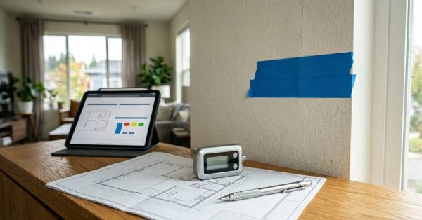 A modern living room with a focus on home renovation. An iPad displays floor plans on a table alongside blueprints, a digital level, and a pen. Blue tape marks a wall crack.