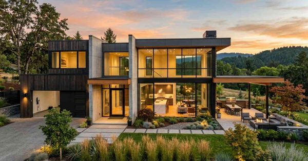 Modern luxury custom home with floor-to-ceiling windows, contemporary architecture, landscaped outdoor living spaces, and panoramic countryside views at sunset.