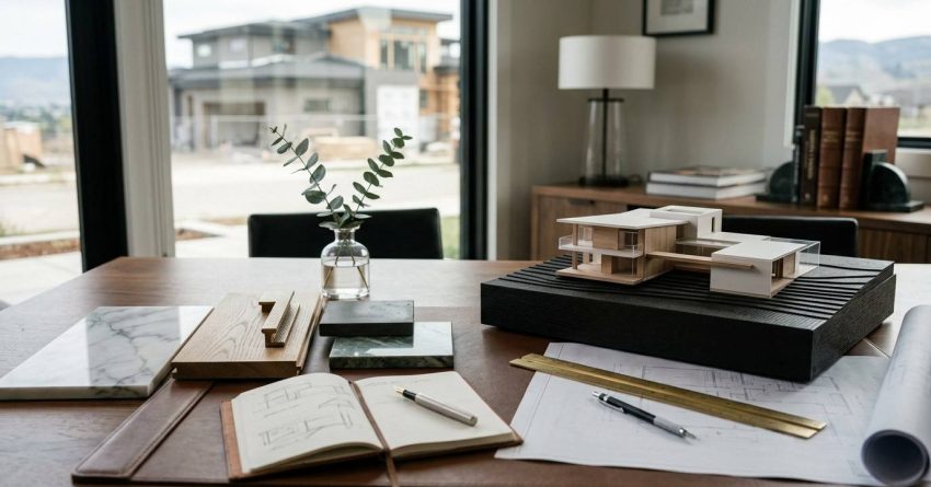 Custom home model with plans and material samples.