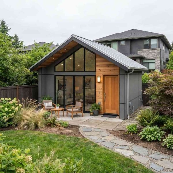 Modern backyard accessory dwelling unit with landscaped yard