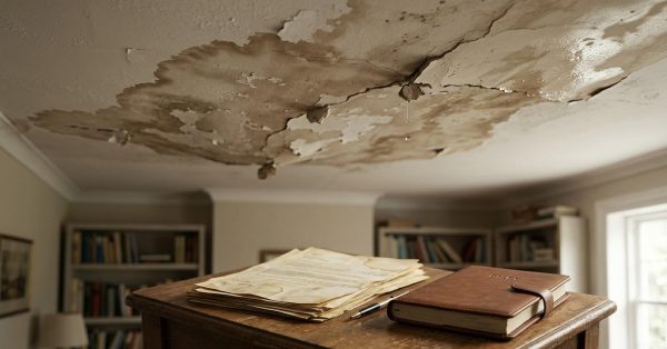 Severe ceiling water damage with peeling paint, cracks, active leaks, and stained documents below.