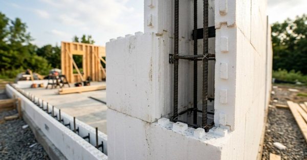 ICF wall blocks with rebar at a home construction site.
