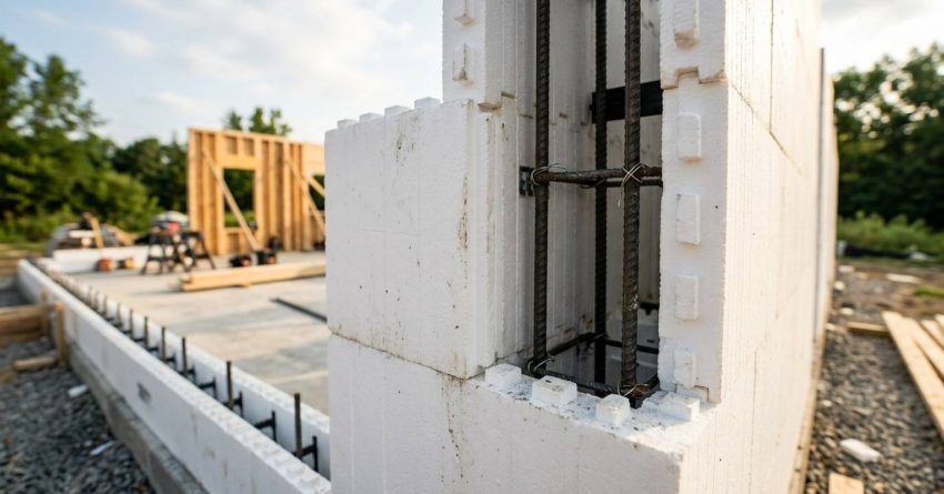 ICF wall blocks with rebar at a home construction site.