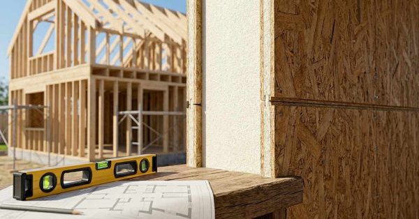 Structural insulated panel wall assembly at a home construction site.