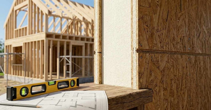 Structural insulated panel wall assembly at a home construction site.