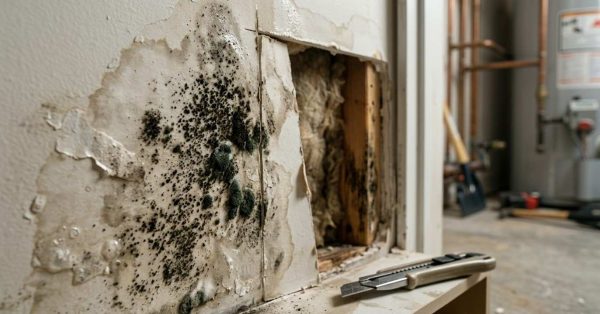 Black mold spreading across water-damaged drywall with exposed wall cavity and repair tools nearby.