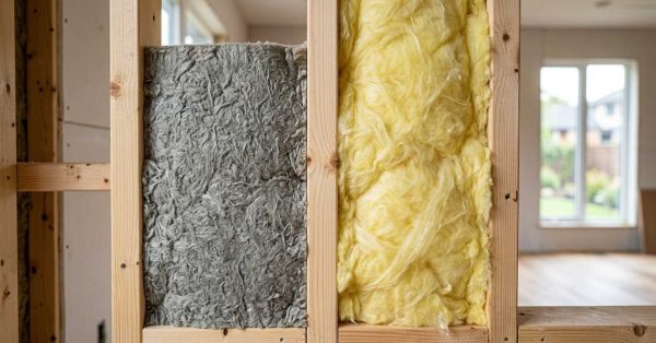 Rockwool and fiberglass insulation inside a framed residential wall.
