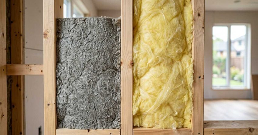 Rockwool and fiberglass insulation inside a framed residential wall.