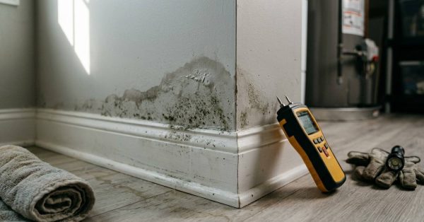 Mold growth along a water-damaged wall baseboard with a moisture meter and inspection tools nearby.