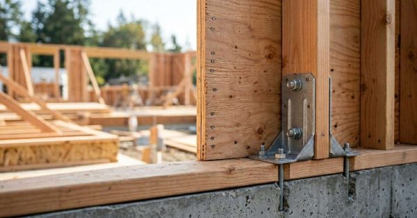 Shear wall anchor bracket securing wood framing to a concrete foundation.