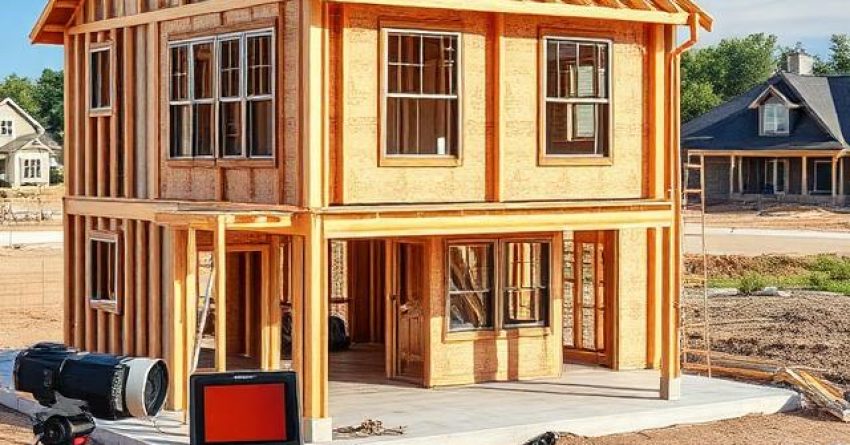 Custom home under construction with exposed framing, plumbing, electrical, waterproofing, roofing, insulation, and professional inspection equipment used for detailed quality-control inspections before project completion.