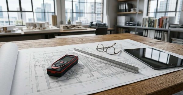 Architectural plans with measuring tools in an engineering office.