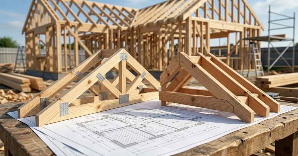 Roof trusses and stick-framed roof models at a construction site.