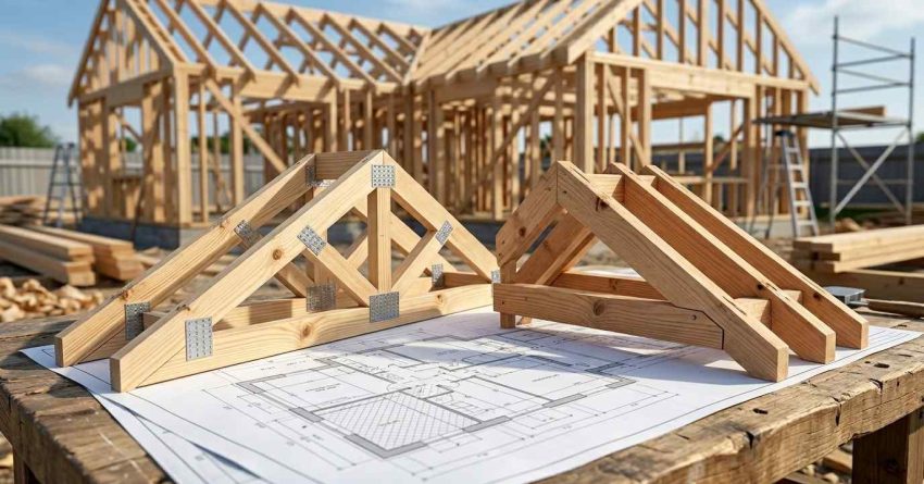 Roof trusses and stick-framed roof models at a construction site.