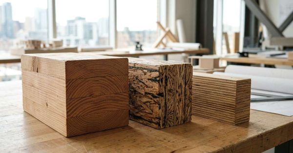 Solid lumber and engineered wood beam cross-sections on display.