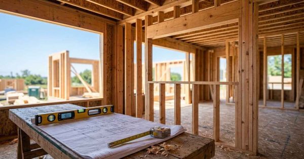 Wood-framed house under construction with plans and measuring tools.
