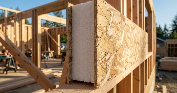 Structural insulated panel (SIP) cross-section with foam insulation core.