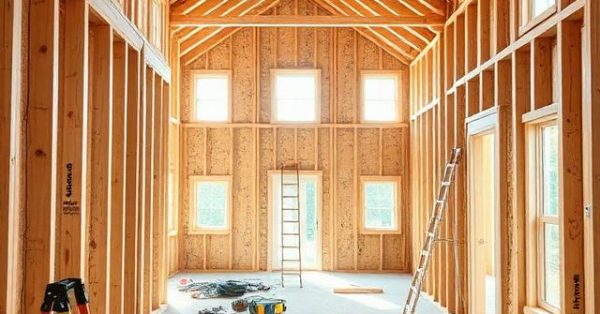 Pre-drywall inspection stage of a custom home showing exposed framing, electrical wiring, plumbing pipes, HVAC ductwork, window flashing, structural connections, and low-voltage cabling in a realistic residential construction environment.