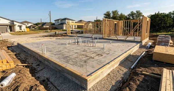 New home construction on concrete slab foundation with framed walls and visible utility rough-ins