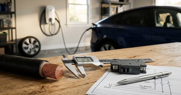 EV charger circuit planning with heavy-gauge electrical cable, breaker, measuring tools, and wiring diagram on a workbench in a residential garage.