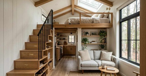 Park model home interior with sleeping loft, storage staircase, cozy living area, and compact kitchen.