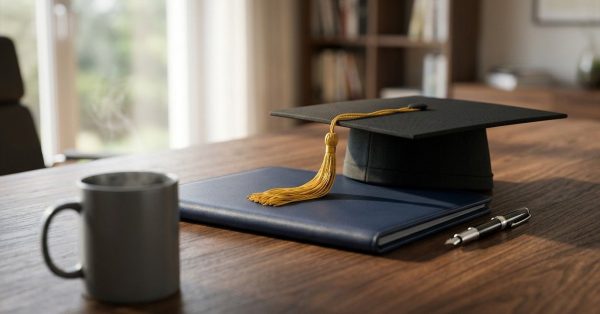 Graduation cap resting on a diploma folder beside a fountain pen and coffee mug on a wooden desk in a home office.