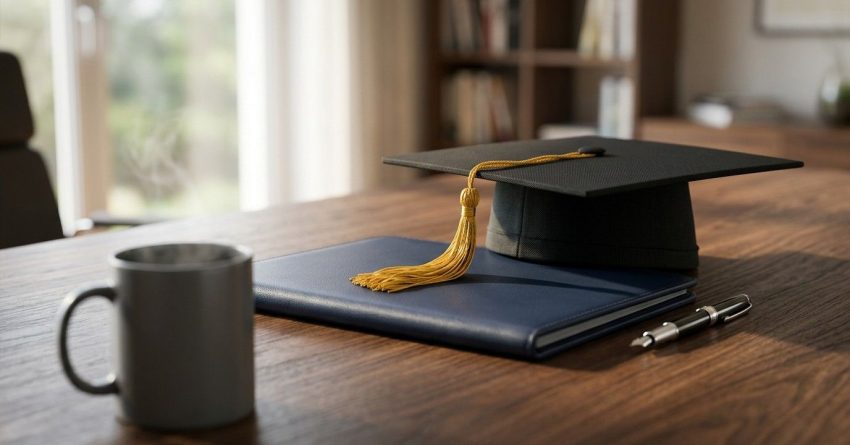 Graduation cap resting on a diploma folder beside a fountain pen and coffee mug on a wooden desk in a home office.