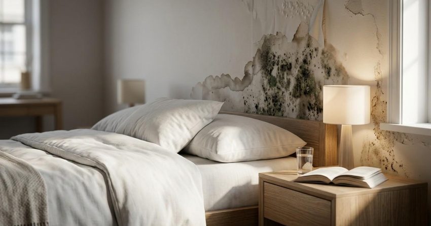 Bedroom with severe water damage and mold growth on the wall behind the bed, creating an unhealthy indoor environment.