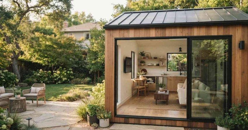Modern backyard ADU with wood siding, black metal roof, large sliding glass doors, and a bright open-concept interior overlooking a landscaped patio and garden.