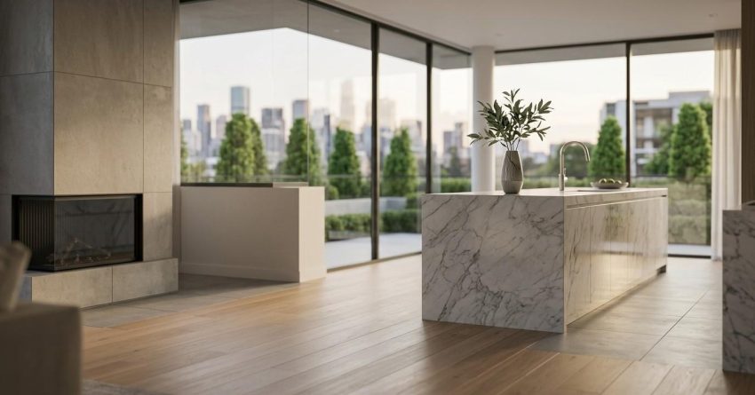 Modern luxury kitchen with a marble island, fireplace, and floor-to-ceiling windows overlooking a city skyline.