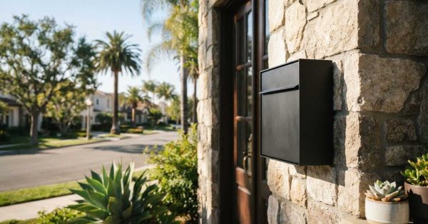 Black wall-mounted mailbox beside a stone entryway, overlooking a quiet residential street with palm trees and landscaped front gardens.