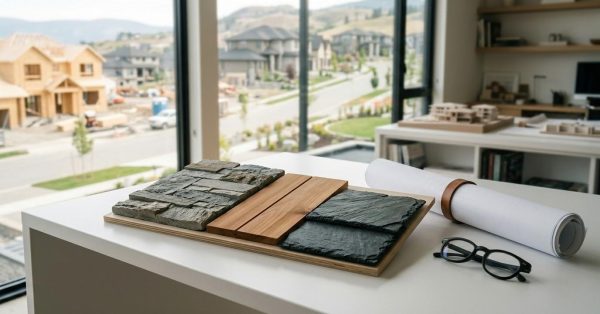 Material sample board with stone, wood, and slate finishes beside architectural plans in a modern design studio overlooking a residential development.