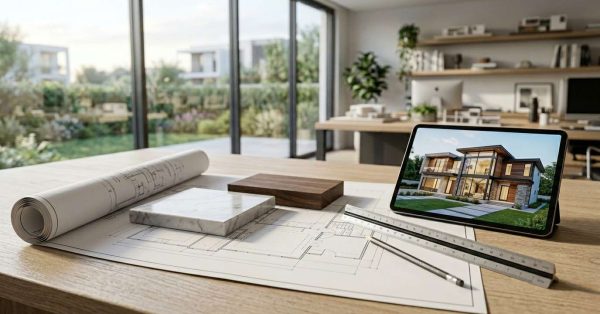 Architect workspace with floor plans, material samples, measuring tools, and a digital home design rendering.