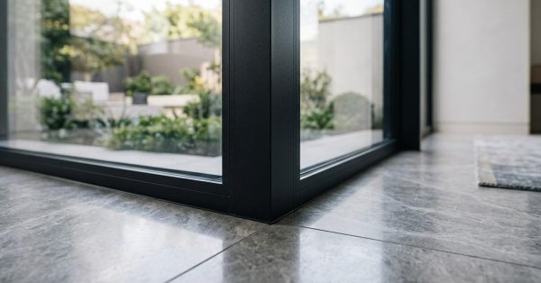 Close-up view of a modern glass door corner with sleek black frame, showcasing a stylish interior and lush outdoor garden.