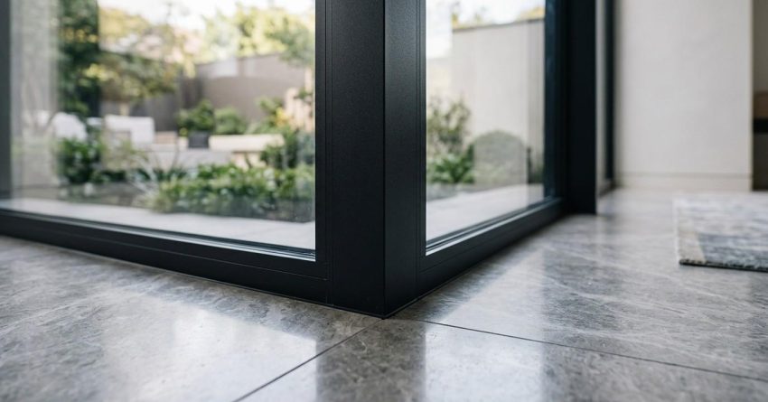 Close-up view of a modern glass door corner with sleek black frame, showcasing a stylish interior and lush outdoor garden.