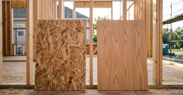 OSB and plywood panels compared in a residential construction site.