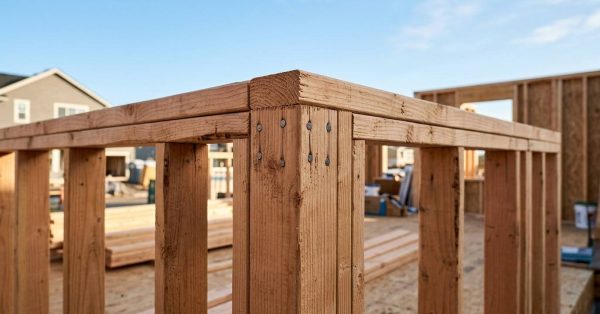Wood wall framing corner with joined studs and top plates.
