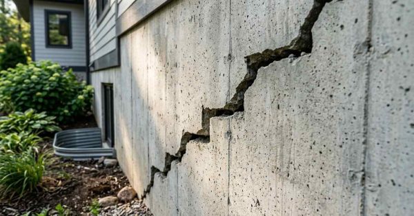 Severe crack in a residential concrete foundation wall.