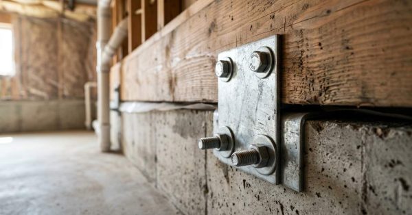 Seismic anchor bolts connecting wood framing to a concrete foundation.