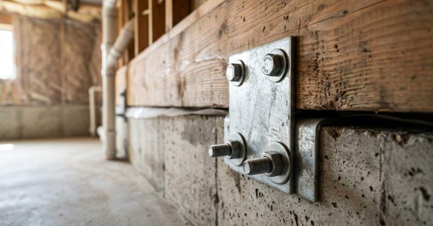 Seismic anchor bolts connecting wood framing to a concrete foundation.