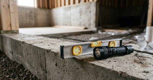 Level and flashlight on a concrete foundation during inspection.